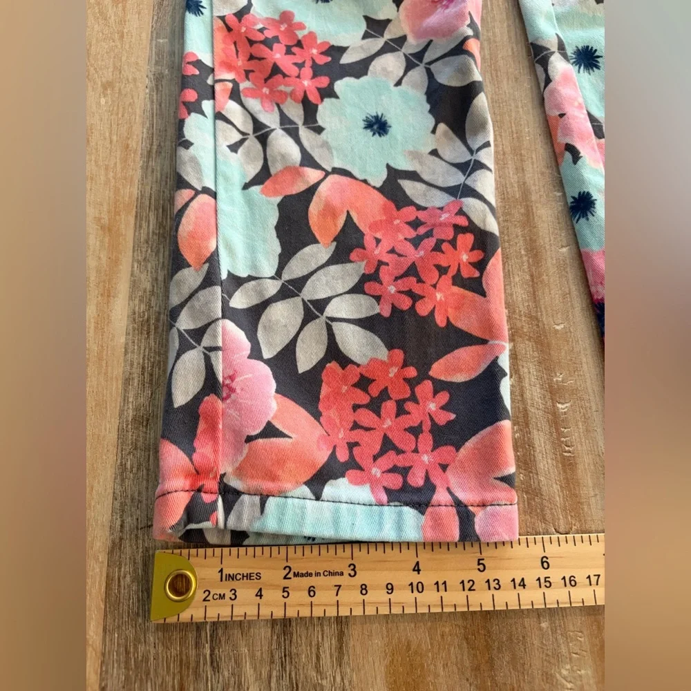 Gymboree Girls Stretch Jeans Size 8 Adjustable Waistband, Coral & Aqua Floral